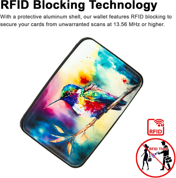 Credit Card Holder for Women Men RFID Blocking Wallet Small Business Metal Slim Mini Aluminum Hard Case (Watercolor Painting Hummingbird)