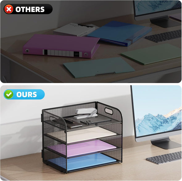 Marbrasse 4 Tier Paper Organizer Letter Tray - Mesh Desk File Organizer with Handle, Paper Sorter Organizer for Letter/A4 Office File Folder Holder (Black, 12.6" X 9.1" X 10.7")