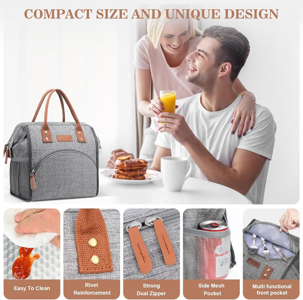 LOKASS Insulated Lunch Bag for Women & Men - Reusable 10 L Lunch Box for Women - Leakproof Tote Cooler Bag for Adults Work, Beach, Travel, Picnic (Grey)