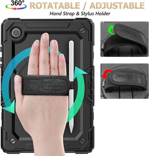 SEYMAC Stock Case for Samsung Galaxy Tab A9+ plus 11'', Full-Body Drop Protection Case with Screen Protector Pencil Holder [360° Rotating Hand Strap] &Stand, Black