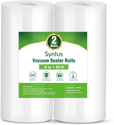 Syntus Vacuum Sealer Bags, 2 Rolls 8" X 50' Commercial Grade Bag Rolls, BPA Free Food Vac Bags for Storage, Meal Prep or Sous Vide