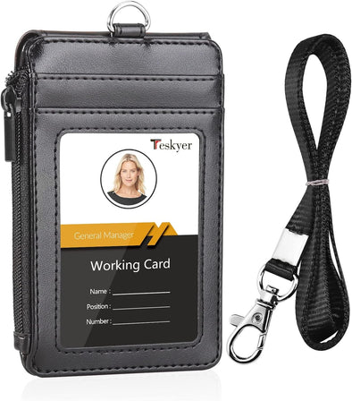 Teskyer ID Badge Holder with Lanyard, 1 Zip Pocket and 4 Card Slots, Lanyard ID Card Holder Wallet for Office School Work Badges, Cruise Ship Cards, Hotel Key Cards, Pass Cards - Black