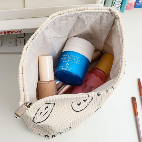 Cosmetic Bag Makeup Bag Preppy Cute Corduroy Toiletry Bag for Women Travel Essentials (Full Beige)