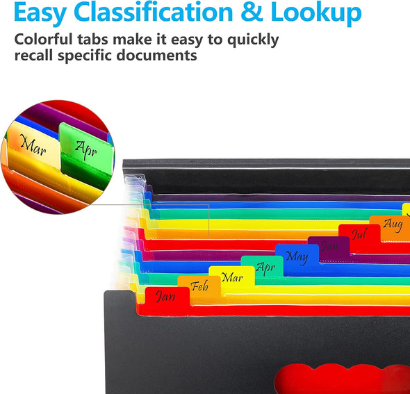 Sooez Accordion File Organizer, 13 Pockets Expanding File Folder, Portable Monthly Paper Bill Tax Receipt Organizer, Letter A4 Size Document Holder with Blank Labels, Black