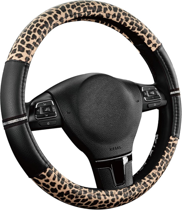 Road Comforts Leopard Steering Wheel Cover - Made with PVC Leather Cheetah Print - Anti-Slip, Universal Fit 14 1/2 Inches to 15 Inches - Black
