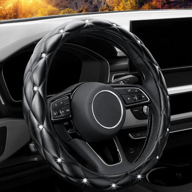 YOGURTCK Diamond Soft Leather Anti-Slip Steering Wheel Cover with Bling Bling Crystal Rhinestones, Universal 15 Inch for Women Girls, Fit Vehicles, Sedans, Suvs, Vans, Trucks - Black