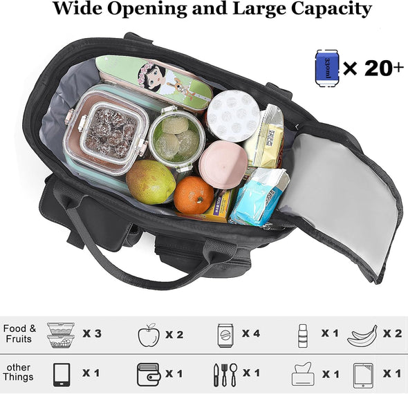 Hafmall Large Insulated Lunch Bag for Women Men, Leakproof Lunch Box for Adults, Wide Opening Lunch Tote Bag with Shoulder Strap, Reusable Lunch Cooler Bag for Work, Picnic, Black
