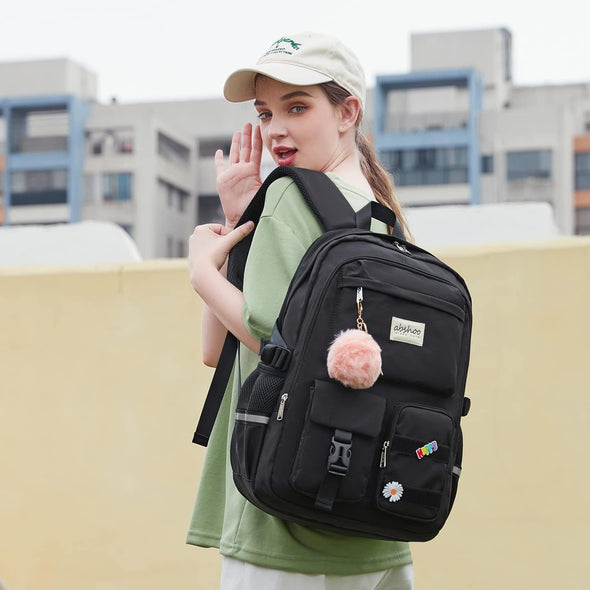Abshoo Big Student Laptop Backpack for College Women Middle High School Teen Girls Bookbag Travel Daypack (Black)