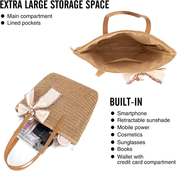 Large Straw Beach Bag: Women'S Handwoven Tote with Zipper Pocket - 2025 Lightweight Summer Purse for Travel & Work
