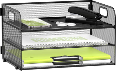 Daltack 3-Tier Paper Organizer with Handle, Mesh Desk Organizer Letter Tray, Paper Tray Organizer File Organizer for A4 File Folder, Black