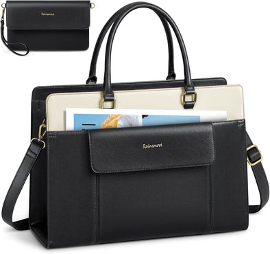 RAINSMORE Laptop Bag for Women 15.6 Inch Leather Laptop Tote Bag Large Computer Bags Waterproof Business Office Work Bags Briefcase with Satchel Purse 2Pcs Set, Black