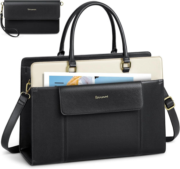 RAINSMORE Laptop Bag for Women 15.6 Inch Leather Laptop Tote Bag Large Computer Bags Waterproof Business Office Work Bags Briefcase with Satchel Purse 2Pcs Set, Black