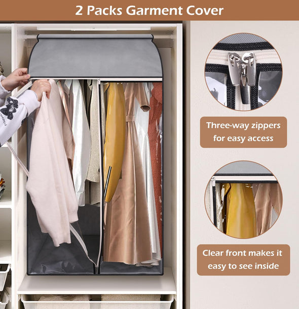 MISSLO 43" Hanging Garment Bags for Hanging Clothes Fully Enclosed Coat Bags for Closet Storage Clothes Cover with Large Clear Window and 3 Zippers (Rack Not Included), 2 Packs