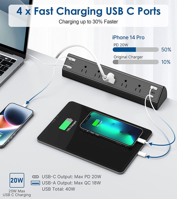 Desk Clamp Power Strip USB C,40W Total Fast Charging Station,4 PD 20W USB C Ports,Desk Edge Mount Power Strip 6 USB Ports 5 AC Outlets Surge Protector,Fit 1.96" Tabletop Edge,Etl Listed