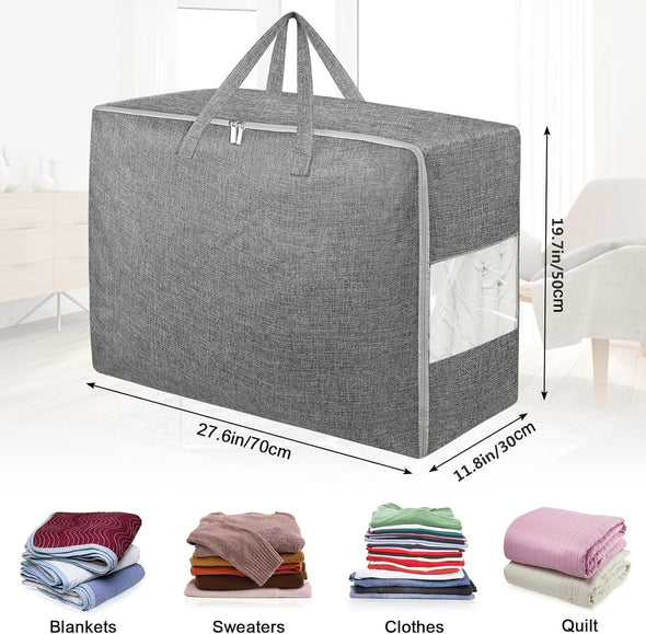 2Pack 105L Extra Large Storage Bags, Folding Moving Comforter Blanket Storage Bags Closet Organizers and Storage Containers for Clothes with Strong Handles&Zippers Clear Window for Bedding Pillow Grey
