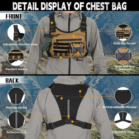 Outdoor Sports Chest Bag for Men, Chest Vest Holster Fits Most Pistols, EDC Travel Chest Pack for Running, Hiking