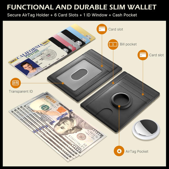 Slim Minimalist Airtag Card Wallet for Men, Front Pocket Premium Crazy Horse Leather Wallet with Airtag Holder, RFID Blocking Cash Credit Card Wallet Compatible with Airtag (Black)