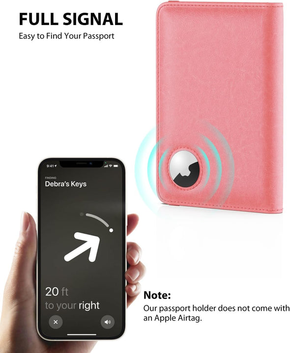 Stouchi Airtag Passport Holder, Cute Passport Holder with Airtag Slot, RFID Passport Wallet Cover for Women, Family Leather Passport Protector Case, Anti-Lost Travel Essentials, Pink
