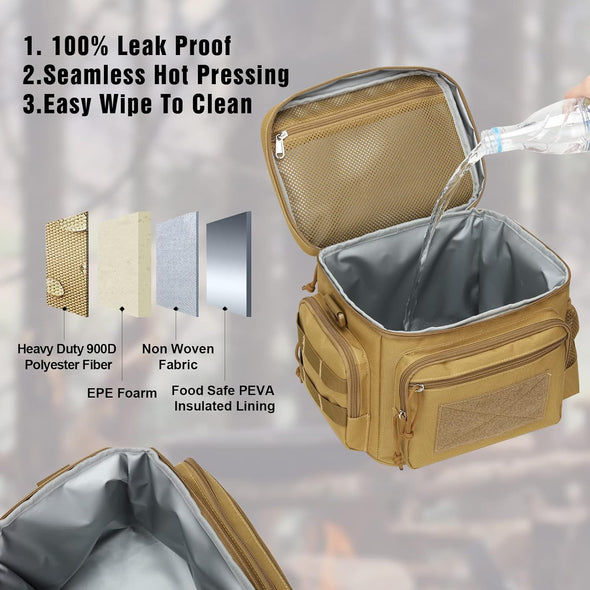 Lunch Box for Men, Tactical Lunch Bag MOLLE Webbing Leakproof Insulated Large Lunch Cooler Women Adult Meal with Adjustable Shoulder Strap Durable Lunch Pail (Brown)