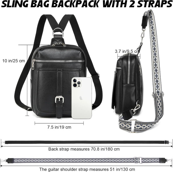 Sling Bag Crossbody Backpack - 2 in 1 Leather Cross Body Bag Fanny Pack with 2 Removable Straps