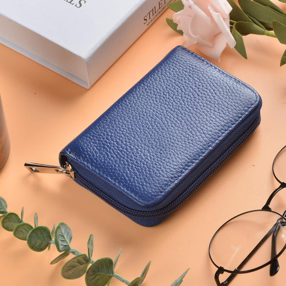 Easyoulife Genuine Leather Credit Card Holder Zipper Wallet with 26 Card Slots