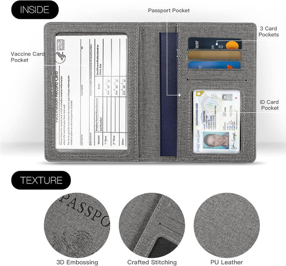 VIDIVICI Unisex 2Pk RFID Passport and Vaccine Card Holder Combo,Passport Holder-Black&Light Blue