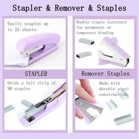Purple Office Desk Accessories Supplies, 12Pcs Desk Organizers and Accessories with Tape Dispenser and Stapler,Staples,Staple Remover,Pen Holder,Scissor,Ruler,Sticky Tabs,Tape,Ballpoint Pen,Clips Set