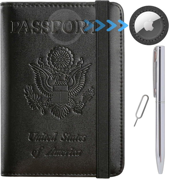 Airtag Passport Holder Cover Wallet Travel Essentials RFID Blocking Leather Card Case International Must Haves Travel Accessories for Women Men(119#Black)
