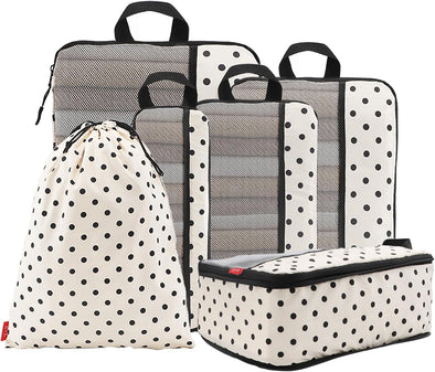 U+U 6 Set Compression Packing Cubes - Ultralight Travel Organizers with Laundry Bag, Space-Saving Suitcase Organizer, Expandable Packing Cubes for Travel, Business Trip and Family Vacation (Polka Dot)