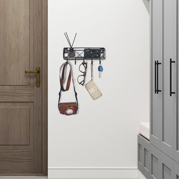 Happyhapi Key Holder for Wall Decorative, Entryway Key Hooks, Wall Mounted Key Rack with 5 Hooks, Metal Wire Mesh Basket Mail Holder, 9.8”Lx2.1”Wx4.1”H