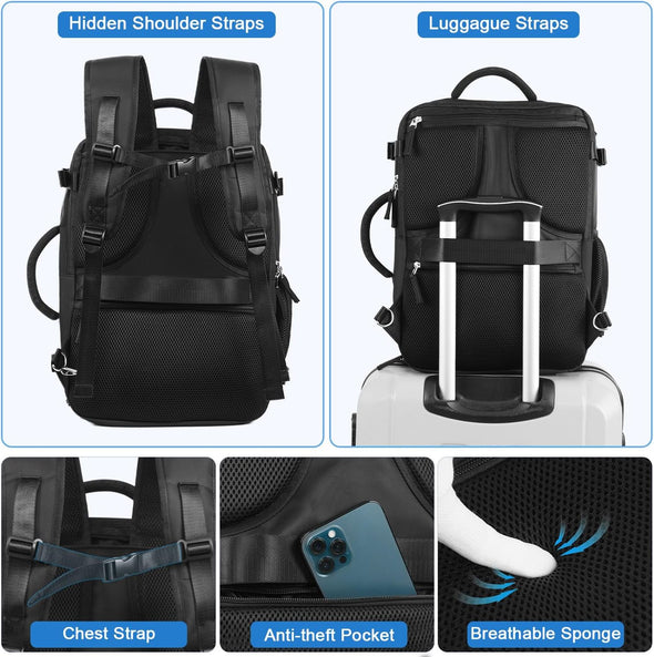 Hanples Travel Backpack for Women Men, Large Carry on Person Item Luggage Backpack, TSA Flight Approved 17.3 in Laptop Bag, Waterproof anti Theft Casual Hiking Bag (Black)