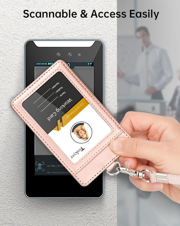 Teskyer Badge Holder, Leather ID Card Holder with Lanyard for ID Badges, Vertical Style, Rose Gold