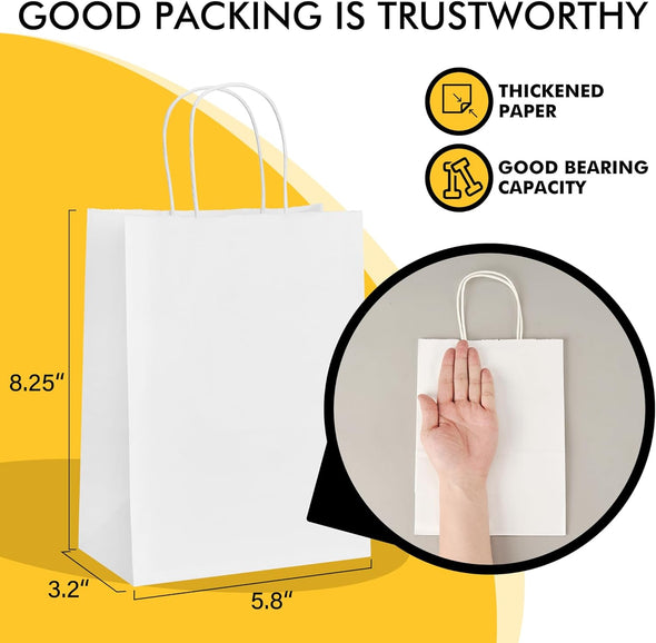 RACETOP White Paper Bags with Handles Bulk 8"X4.5"X10.8" 100Pcs Gift Bags Medium Size, White Gift Bags with Handles, Gift Bag Bulk for Retail, Party, Shopping, Merchandise