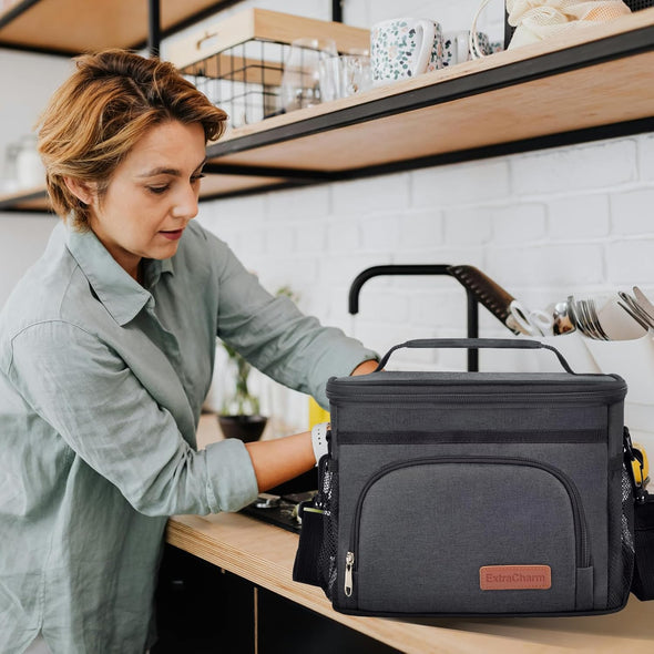 Extracharm Insulated Lunch Bag for Women/Men - Reusable Lunch Box for Office Picnic Hiking Beach - Leakproof Cooler Tote Bag Organizer with Adjustable Shoulder Strap for Adults - Black