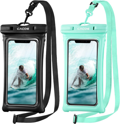 CACOE [Floatable] Floating Universal IPX8 Waterproof Phone Case 2 Pack-Up to 7.0",Adjustable Lanyard Phone Pouch,Cellphone Dry Bags for Vacation Beach Pool Kayak Cruise Travel Essentials（Black+Green）