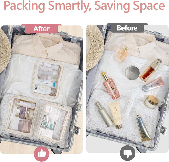 PACKISM Clear Makeup Bag - Soft Plastic Color-Edged TSA Approved Toiletry Bag, Reusable Clear Toiletry Bags with Golden Zipper, Beige