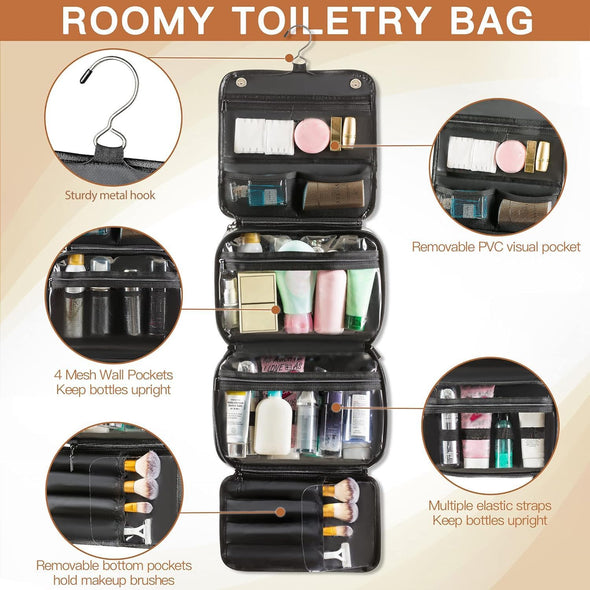 Elviros Hanging Toiletry Bag Removable Travel Bag PU Leather Makeup Cosmetic Organizer Kit, Black