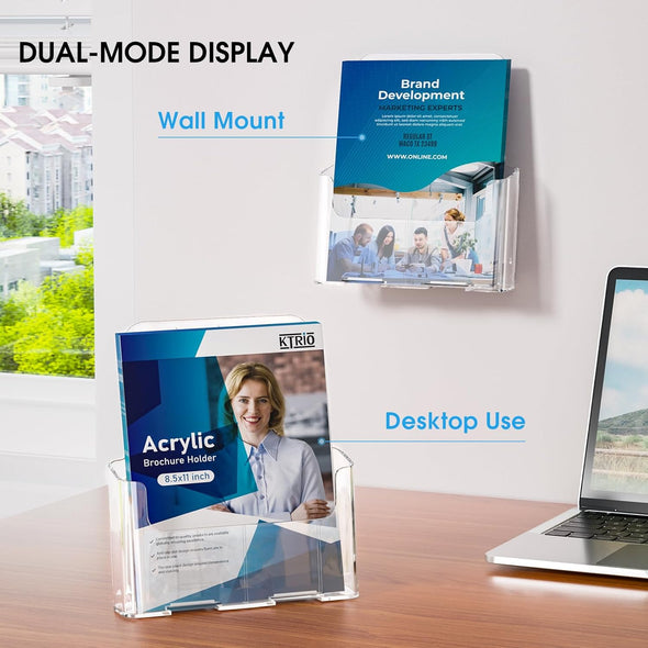 KTRIO Acrylic Brochure Holder 8.5 X 11 Inch, Plastic Clear Literature Holders Rack Card Display Trifold Brochures Stand, Stands for Flyer, Pamphlet, Magazine, Booklet, Desk & Wall Mount, 2 Pack
