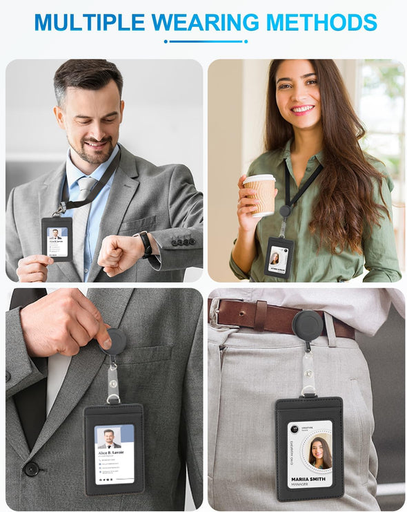 PU Leather Badge Holder with Lanyard, Black Lanyard with Retractable Reel Clips, Multiple Card Slots with Leather Snap, ID Badge Holder for Office Staff Doctor Teacher