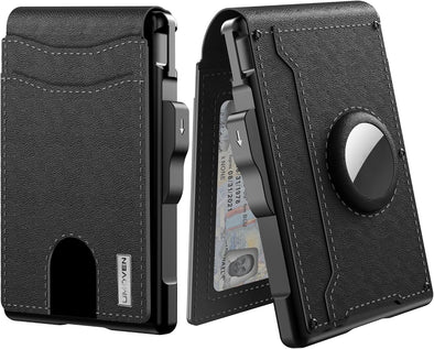 Umoven Airtag Wallet for Men - with Pop up Aluminum Case Money Clip Slim Leather Slots Credit Card Holder RFID Blocking Bifold Minimalist Wallet with Gift Box