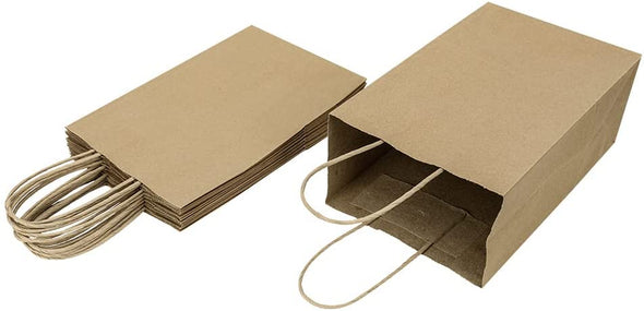 Oikss 100 Pack 5.25X3.25X8.25 Inch Small Plain Natural Kraft Paper Gift Bags with Handles Bulk for Birthday Party Favors Grocery Retail Shopping Business Goody Craft Bags Cub Sacks (Brown 100 Count)