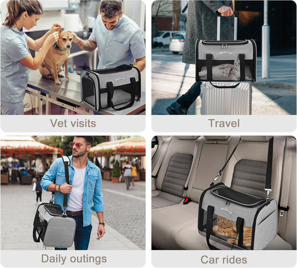Cat Dog Carrier for Small Medium Cats Puppies up to 18 Lbs（Grey）,Soft Sided Cat Bag Airline Approved,Collapsible Pet Travel Carrier, Portable Kennel with Soft,Washable,Waterproof Pad
