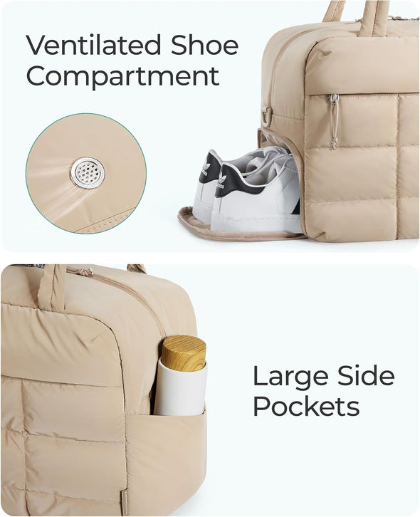 BAGSMART Puffer Travel Duffel Bag, Small Gym Bag for Women, Water-Resistant Weekender with Shoe Compartment, Camel