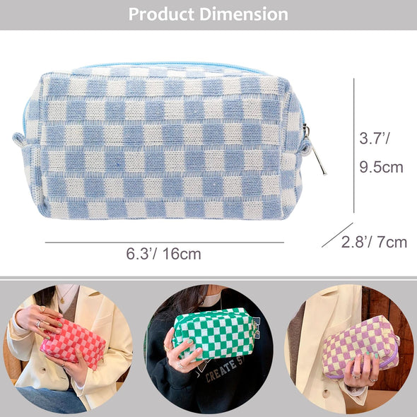 PAZIMIIK Checkered Makeup Bag for Purse Portable Zipper Make up Pouch Small Cosmetic Case for Travel Accessories (Blue)