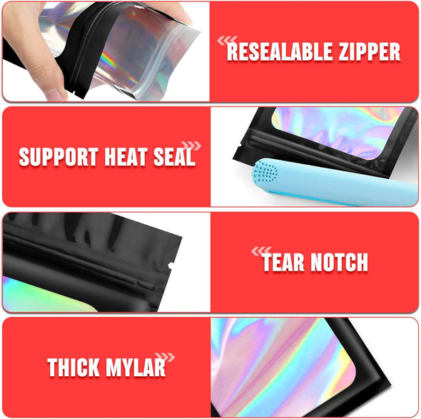 Funfery 300 Pack 3 Size Mylar Holographic Bags with Clear Window,Resealable Bag Smell Proof Bags Zipper Foil Baggie Packaging Pouch for Food Storage,Sample,Small Business(Black,3X4.7,4X6,4.7X7.9In)