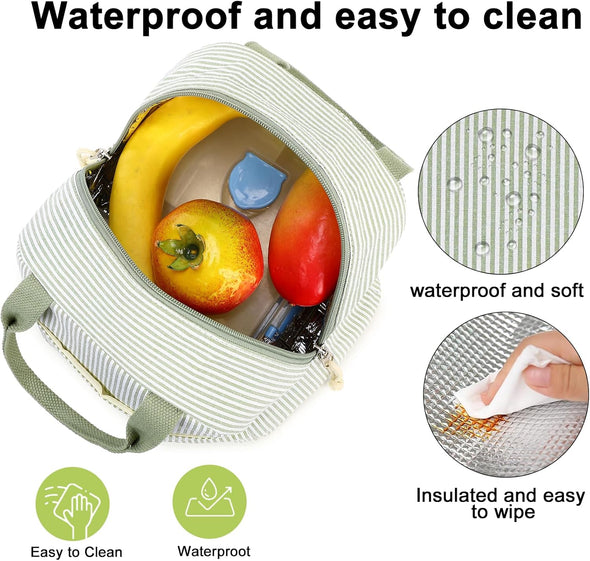 Bluboon Lunch Bag for Women Men Cute Corduroy Lunch Tote Bags Reusable Insulated Lunch Box Large Capacity Reusable Insulated Cooler for Work Picnic or Travel (Stripes Green)