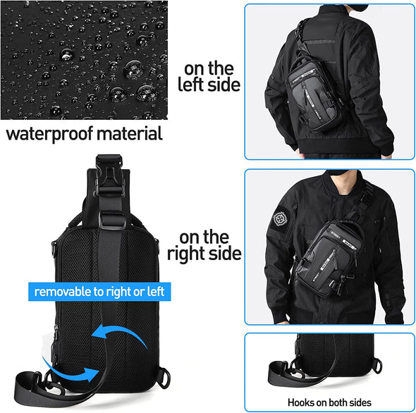 SEAFEW anti Theft Sling Crossbody Backpack Shoulder Bag for Men, Lightweight One Strap Motorcycle Back Pack Sling Bag Backpack for Hiking Walking Biking Travel Cycling with USB Charger Port