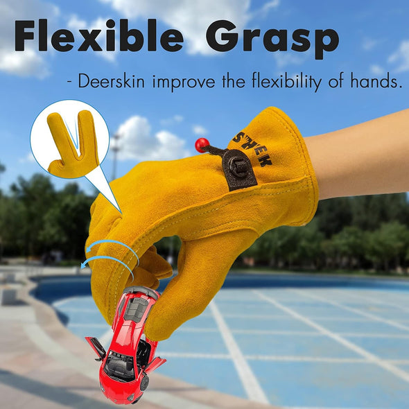 Kids Work Gloves Age 2-14, Extra Soft Deerskin Suede, Durable, Flexible Toddler Youth Genuine Leather Gloves for Kids Yard Work, Working, Gardening (Small, Yellow, 2-4 Years Old)