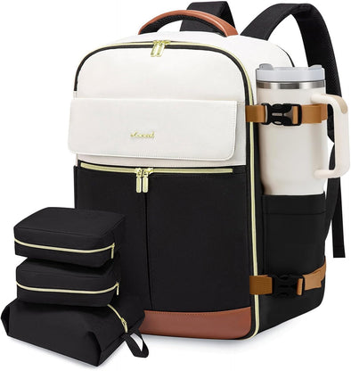 LOVEVOOK Travel Backpack for Women, TSA Carry on Backpack Flight Approved Luggage, 40L Water Resistant Personal Item Daypack Large Weekender Bag Fit 17 Inch Laptop with 3 Cubes, Beige-Black-Brown