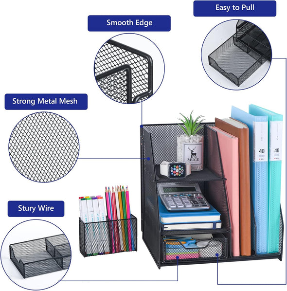 Desk Organizer, File Organizer for Desk with 2-Tier Paper Letter Tray, Drawer and 2 Pen Holder, Mesh Desktop Organization with Magazine Holder for Office Supplies